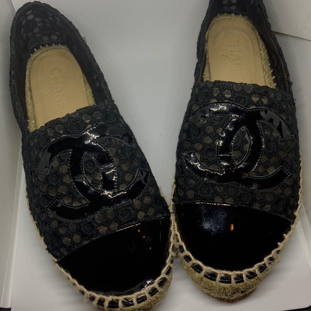 Chanel Lace Mesh Patent Cap Toe CC Logo Espadrille